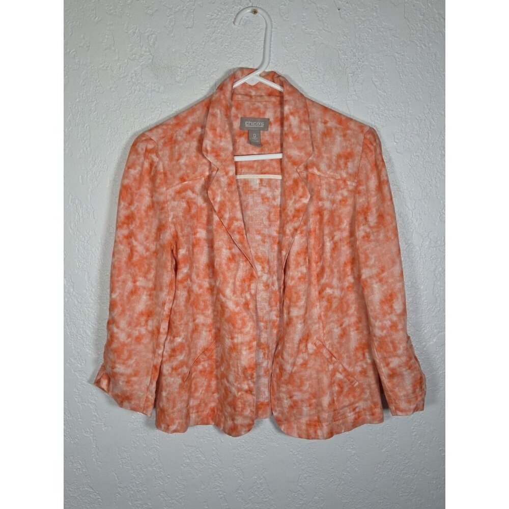 Chicos Womens Linen Tie Dye Blazer Size 0 Small Ruched Sleeve Open Orange White